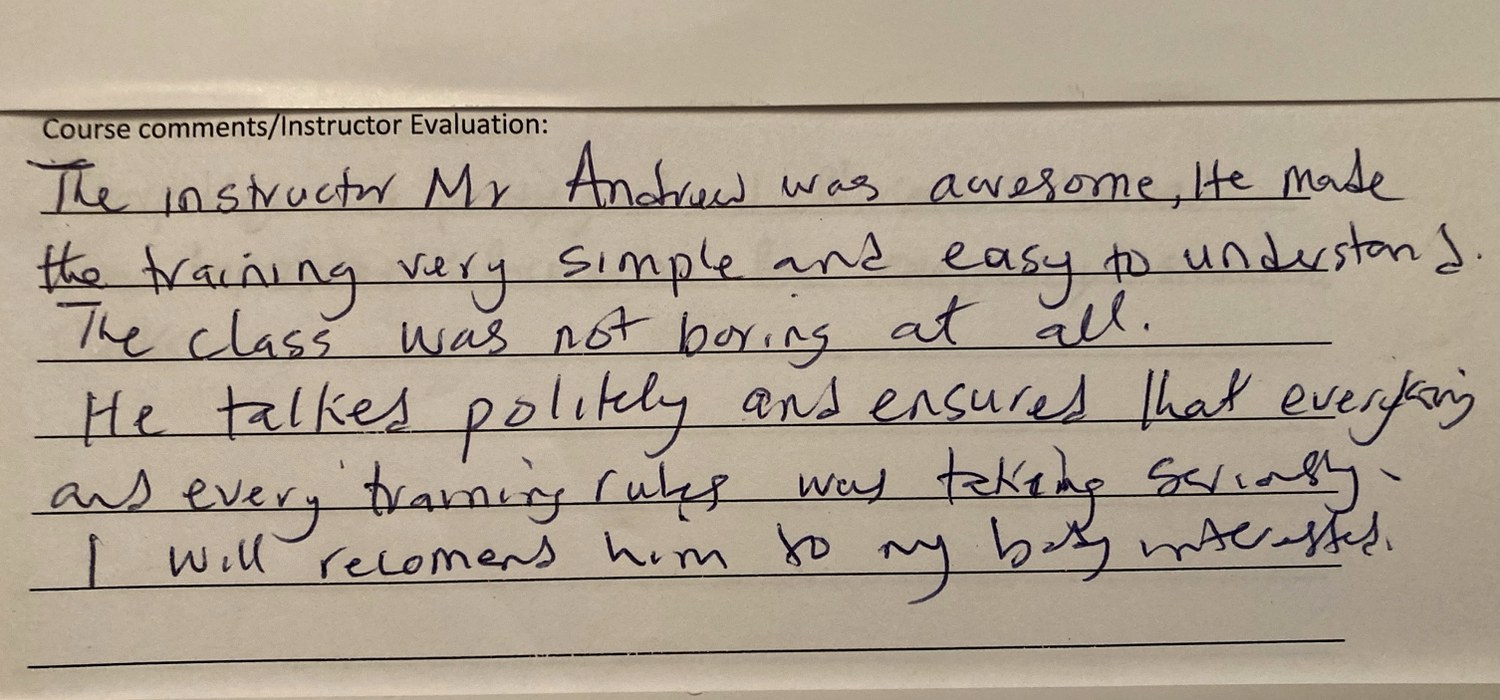 Original handwritten course testimonial dated April 25, 2018